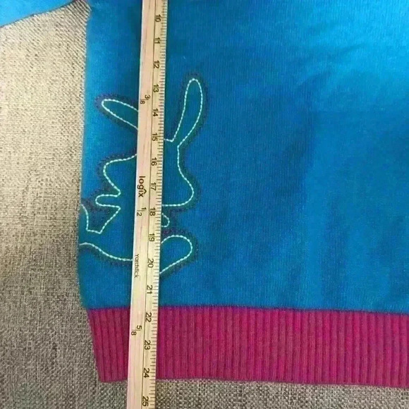 JDX 1/4 Zip Pullover Sweater Lined Wool Blue Pink Bunny Design Sz Large. sku070 - Picture 4 of 6